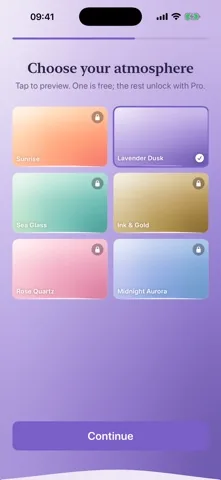 Selune theme picker with six atmospheres: Sunrise, Lavender Dusk, Sea Glass, Ink & Gold, Rose Quartz and Midnight Aurora.
